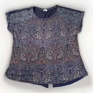 Lucky Brand Women's Shirt Size 2X‎ Blue Green Paisley Art Print Western Boho Top